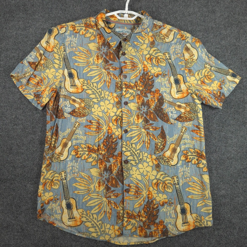 Margaritaville Men's XL Blue Yellow Floral Guitars Hawaiian Rayon Shirt